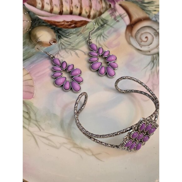 Native American-Style Silver & Purple Cuff Bracelet & Earrings Set New - Picture 4 of 7